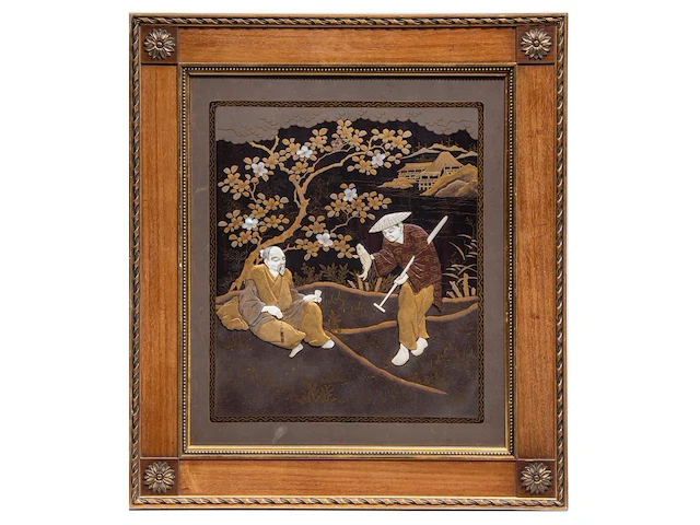 A large japanese black and gold lacquered panel with shibayama inlay of ivory and mother-of-pearl depicting a man resting under a tree being offered a fish by a passing salesman, meiji/taisho period (early 20thc), frame - afbeelding 1 van  10