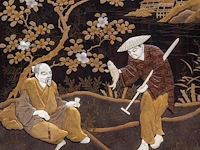 A large japanese black and gold lacquered panel with shibayama inlay of ivory and mother-of-pearl depicting a man resting under a tree being offered a fish by a passing salesman, meiji/taisho period (early 20thc), frame - afbeelding 3 van  10