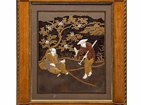 A large japanese black and gold lacquered panel with shibayama inlay of ivory and mother-of-pearl depicting a man resting under a tree being offered a fish by a passing salesman, meiji/taisho period (early 20thc), frame - afbeelding 7 van  10