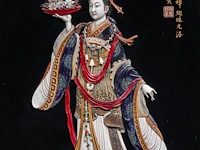 A large japanese black lacquered panel with shibayama inlay of ivory, mother-of-pearl and coloured bone depicting a fine lady, meiji/taisho period (early 20thc), 103x62 cm - 10,4 kg (+)