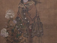 A large japanese painting, 'female sea demon and peony vase', colour on silk, edo period, 108 x 182,5 cm