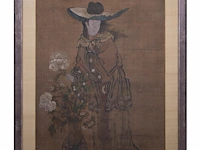 A large japanese painting, 'female sea demon and peony vase', colour on silk, edo period, 108 x 182,5 cm - afbeelding 2 van  4
