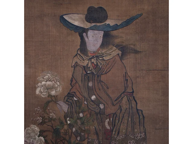 A large japanese painting, 'female sea demon and peony vase', colour on silk, edo period, 108 x 182,5 cm - afbeelding 4 van  4