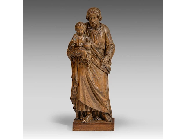 A large limewood sculpture of saint joseph carrying the young christ, 19thc 125 cm. (49.21 in.) - afbeelding 1 van  6