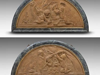 A large pair of terracotta patinated plaster basso-relievo supraposta with playing putti, in a marble imitation frame, 19thc 80 x 145 cm. (31 1/2 x 57.09 in.)