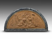 A large pair of terracotta patinated plaster basso-relievo supraposta with playing putti, in a marble imitation frame, 19thc 80 x 145 cm. (31 1/2 x 57.09 in.) - afbeelding 2 van  5