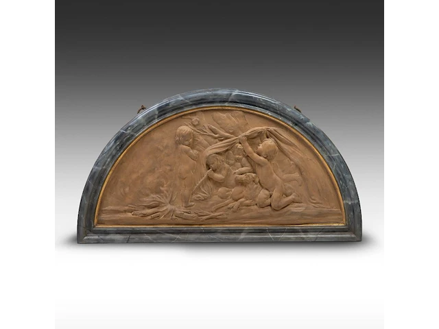 A large pair of terracotta patinated plaster basso-relievo supraposta with playing putti, in a marble imitation frame, 19thc 80 x 145 cm. (31 1/2 x 57.09 in.) - afbeelding 4 van  5