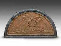 A large pair of terracotta patinated plaster basso-relievo supraposta with playing putti, in a marble imitation frame, 19thc 80 x 145 cm. (31 1/2 x 57.09 in.) - afbeelding 4 van  5