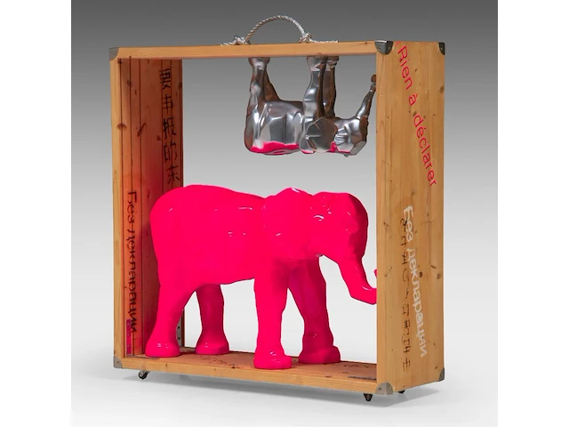 A large pink and aluminium resin elephant by zivo (1950) in a wooden frame, 2014 88 x 85 cm. (34.64 x 33.46 in.) - afbeelding 1 van  7