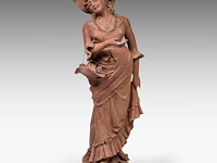 A large terracotta sculpture of a lady holding a flower basket, marked 'dall'ara ec, terracotta, milano', ca. 1900 teracotta 148 cm. (58.27 in.), total 208 cm. (81.89 in.)