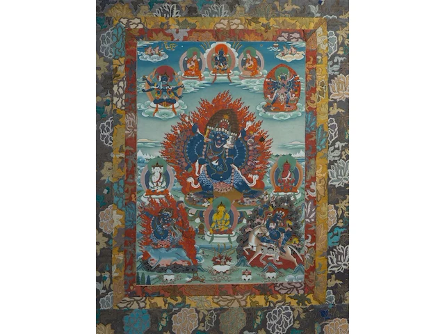 A large tibetan thangka, 'yamantaka', 20thc, framed 120 x 188 cm - afbeelding 1 van  2