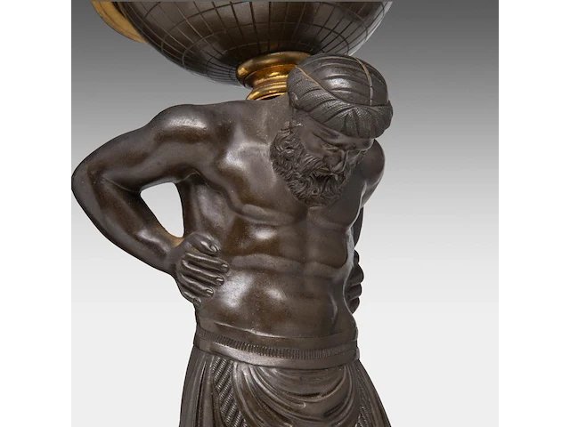 A neoclassical gilt and patinated bronze kerosine lamp with an atlantean figure, ca. 1880 69 cm. (27.17 in.) - afbeelding 6 van  7