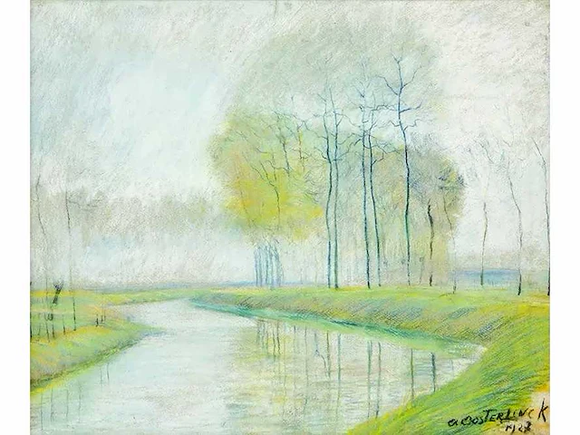 A. oosterlinck - rivier in lentelicht - pastel - 41x50 cm - 1927 - afbeelding 1 van  3