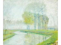 A. oosterlinck - rivier in lentelicht - pastel - 41x50 cm - 1927