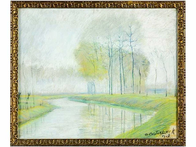 A. oosterlinck - rivier in lentelicht - pastel - 41x50 cm - 1927 - afbeelding 3 van  3