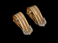 A pair of cartier c de cartier earrings in 18ct tri-gold and diamond, h 1,8 cm, weight: ca 5,4 g