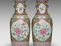 A pair of chinese café-au-lait and famille rose 'peony' vases, paired with peach branch handles, 19thc, h 59,5 cm