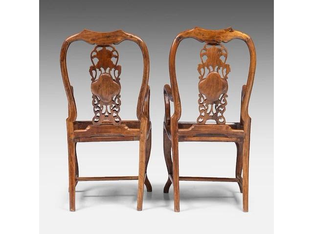 A pair of chinese hardwood armchairs, each with a pierced and carved splat back centred by a dreamstone panel, late qing, h 103 - 52 x 45 cm - afbeelding 4 van  7