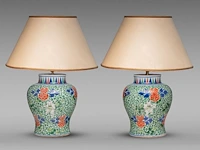 A pair of chinese transitional style wucai 'boys' vases, 19thc, fixed with lamp mounts, total h 42,5 cm
