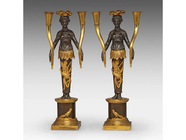 A pair of empire gilt and patinated bronze figural candlesticks with an allegory of america 42 cm. (16.53 in.) - afbeelding 1 van  6