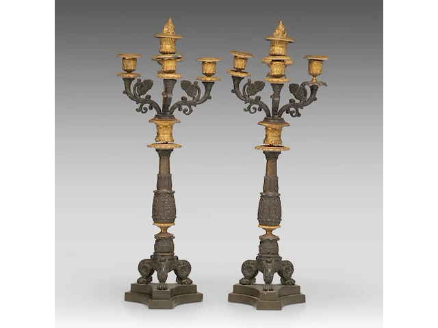 A pair of empire style gilt and patinated bronze candelabras, 19thc 52 cm. (20.46 in.) - afbeelding 1 van  4