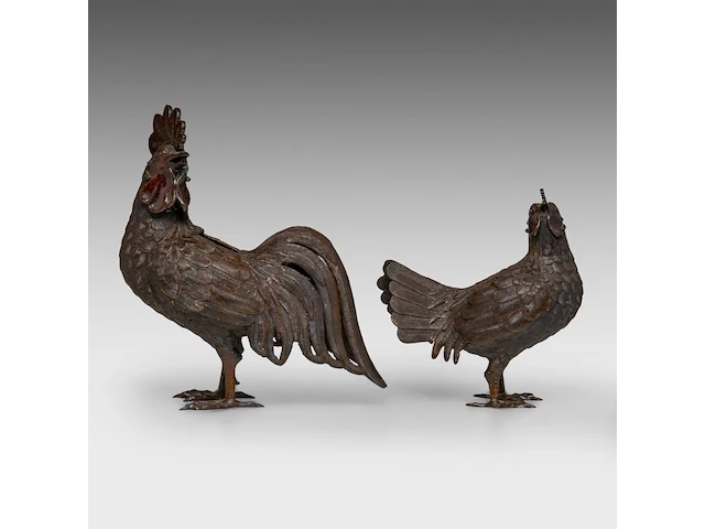 A pair of japanese bronze okimono of a hen and cockerel, meiji period (1868-1912), h 32 cm / h 23 cm - afbeelding 3 van  8