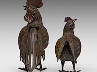 A pair of japanese bronze okimono of a hen and cockerel, meiji period (1868-1912), h 32 cm / h 23 cm - afbeelding 4 van  8