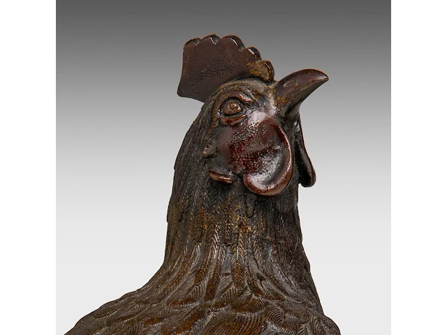 A pair of japanese bronze okimono of a hen and cockerel, meiji period (1868-1912), h 32 cm / h 23 cm - afbeelding 7 van  8