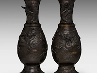 A pair of japanese 'dragon and phoenix' bronze vases with gilt details, meiji period, h 56 cm