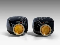 A pair of japanese midnight blue cloisonné enameled vases with a decor of birds among cherry blossoms and bamboo stalks, meiji period (1868-1912), h 15 cm - afbeelding 8 van  8