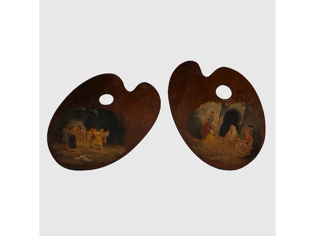 A pair of painter's palettes of luís menéndez pidal (1861-1932), decorated by the artist with typical spanish scenes, 1888 30 x 20 cm. (11.81 x 7.87 in.) - afbeelding 1 van  10