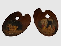 A pair of painter's palettes of luís menéndez pidal (1861-1932), decorated by the artist with typical spanish scenes, 1888 30 x 20 cm. (11.81 x 7.87 in.)