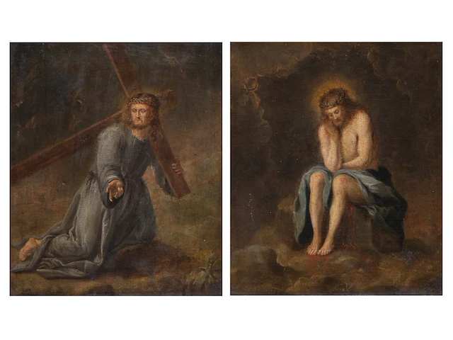 A pair of paintings from the passion of christ, 17thc, antwerp school, oil on oak 26 x 22 cm. (10.24 x 8.66 in.), frame: 32 x 28.5 cm. (12.59 x 11.22 in.) - afbeelding 1 van  7