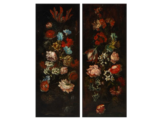 A pair of pendant works with flower still lifes, 19thc, oil on canvas 72 x 29 cm. (28.35 x 11.41 in.), frame: 82 x 39 cm. (32.28 x 15.34 in.) - afbeelding 1 van  11