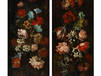 A pair of pendant works with flower still lifes, 19thc, oil on canvas 72 x 29 cm. (28.35 x 11.41 in.), frame: 82 x 39 cm. (32.28 x 15.34 in.)