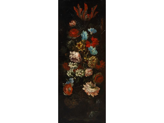 A pair of pendant works with flower still lifes, 19thc, oil on canvas 72 x 29 cm. (28.35 x 11.41 in.), frame: 82 x 39 cm. (32.28 x 15.34 in.) - afbeelding 4 van  11