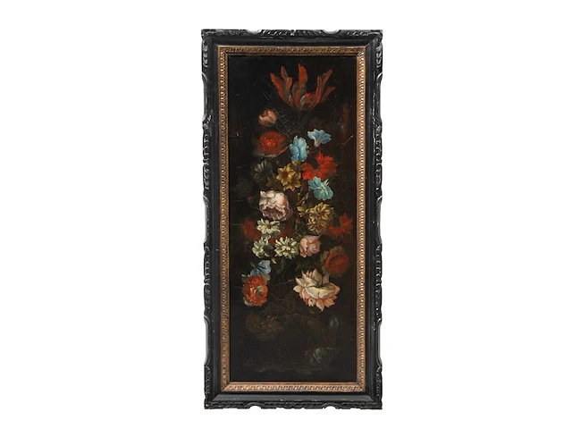 A pair of pendant works with flower still lifes, 19thc, oil on canvas 72 x 29 cm. (28.35 x 11.41 in.), frame: 82 x 39 cm. (32.28 x 15.34 in.) - afbeelding 5 van  11