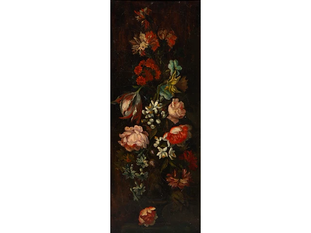 A pair of pendant works with flower still lifes, 19thc, oil on canvas 72 x 29 cm. (28.35 x 11.41 in.), frame: 82 x 39 cm. (32.28 x 15.34 in.) - afbeelding 7 van  11