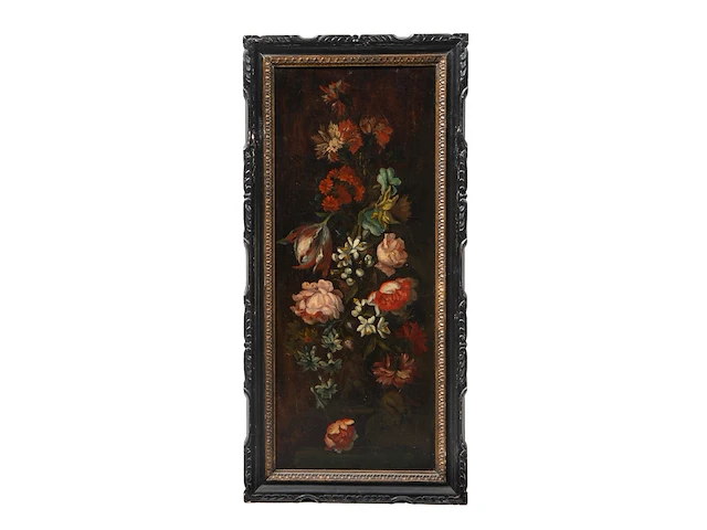 A pair of pendant works with flower still lifes, 19thc, oil on canvas 72 x 29 cm. (28.35 x 11.41 in.), frame: 82 x 39 cm. (32.28 x 15.34 in.) - afbeelding 8 van  11