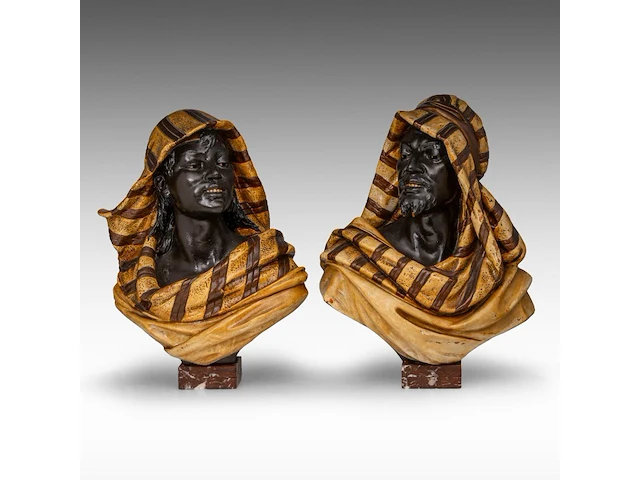 A pair of polychrome terracotta busts of arabs by koenig & lengsfeld, ca. 1900 47 cm. (18 1/2 in.) - afbeelding 1 van  7
