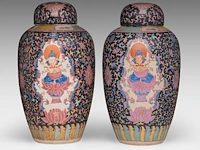 A pair of rare chinese famille rose 'amitayus' ginger jars and covers, late 19thc, total h 40,5 cm