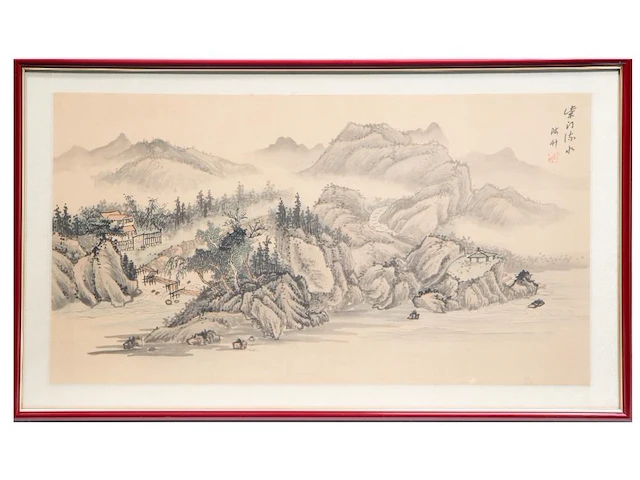 A pair of south chinese polychrome lacquered wood figures of a couple, late qing - h 26,5 cm - added a painting and a silk embroidery, both late qing, framed 34 x 67 cm / 50 x 86 cm - afbeelding 6 van  17