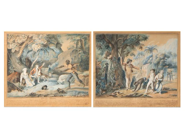 A pair of watercolour drawings after fréd schall (1752-1825), with scenes from paul and virginia, the famous novel by jacques-henri bernardin de saint-pierre 32.5 x 42 cm. (12.80 x 16.53 in.), frame: 61.5 x 66.5 cm. (24. - afbeelding 1 van  11