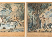 A pair of watercolour drawings after fréd schall (1752-1825), with scenes from paul and virginia, the famous novel by jacques-henri bernardin de saint-pierre 32.5 x 42 cm. (12.80 x 16.53 in.), frame: 61.5 x 66.5 cm. (24.