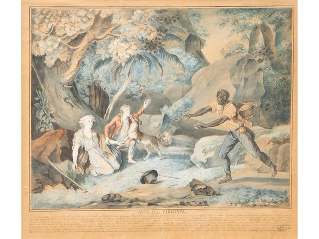A pair of watercolour drawings after fréd schall (1752-1825), with scenes from paul and virginia, the famous novel by jacques-henri bernardin de saint-pierre 32.5 x 42 cm. (12.80 x 16.53 in.), frame: 61.5 x 66.5 cm. (24. - afbeelding 4 van  11