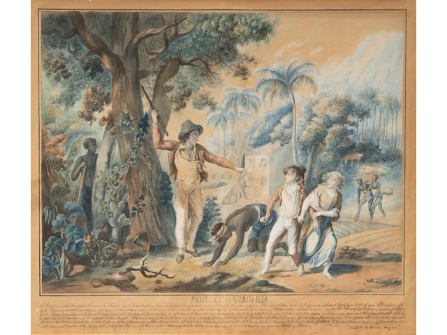 A pair of watercolour drawings after fréd schall (1752-1825), with scenes from paul and virginia, the famous novel by jacques-henri bernardin de saint-pierre 32.5 x 42 cm. (12.80 x 16.53 in.), frame: 61.5 x 66.5 cm. (24. - afbeelding 7 van  11