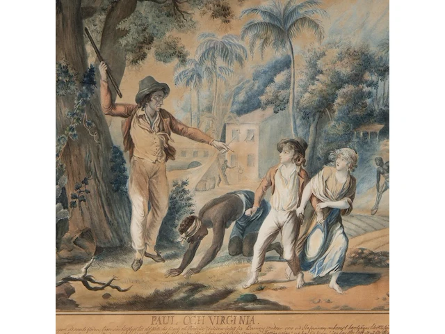A pair of watercolour drawings after fréd schall (1752-1825), with scenes from paul and virginia, the famous novel by jacques-henri bernardin de saint-pierre 32.5 x 42 cm. (12.80 x 16.53 in.), frame: 61.5 x 66.5 cm. (24. - afbeelding 10 van  11
