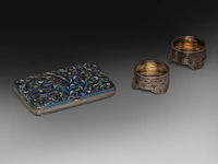 A russian silver and cloisonné enamel cigarette case and two silver salts