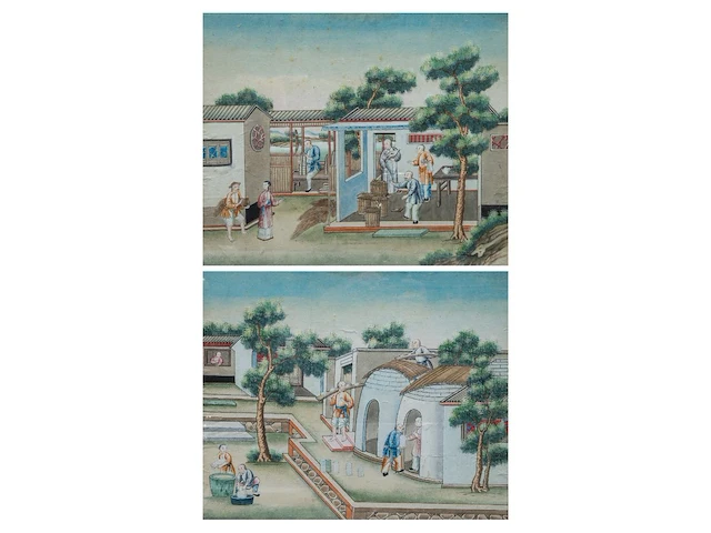 A series of two chinese canton paintings, 'the porcelain production', late 19thc, framed 63 x 55 cm (each) - afbeelding 1 van  5