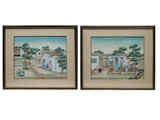 A series of two chinese canton paintings, 'the porcelain production', late 19thc, framed 63 x 55 cm (each) - afbeelding 2 van  5